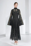 Plataz Autumn New Collar Horn Sleeve Lace To Receive Waist Long Dress Woman