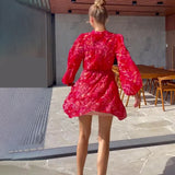 Plataz V-Neck Print Lantern Sleeve Chiffon High-Waisted Dress In Autumn 2024