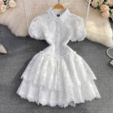 Plataz Summer Retro Temperament Super Fairy Collar Single Buckle White Embroidery Bubble Sleeve A Word Cake Dress DJPT