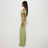 Plataz Women's Spring And Summer New Solid Color Open Shoulder Splicing Lace Super Long Dress Woman DJPT