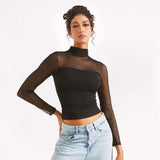Plataz Women's High-Collar Mesh Splicing Long Sleeve Sexy Perspective Short Top DJPT
