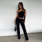 Plataz 2025 Spring New Slanted Shoulder Strap Open Umbilical Repair Trousers Suit Woman DJPT