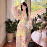 Plataz Court Lantern Sleeve Yellow Print Dress Photo Long Dress Bohemian Beach Dress Women's Summer