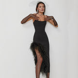 Plataz Open Fork Bra Feather Bandage Repair Body Elastic Party Mid-Long Dress Dress Dress