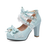 Plataz Sweet Bow Lolita Lace Candy Shoes Coarse Heel Single Shoes 32-43 Shoes High Quality Shoes