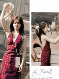 Plataz Luth's Same Red V-Neck Broken Flower Hanging Neck Sling Dress In The Middle And Long Summer Holiday Style Dress