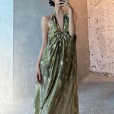 Plataz High-End Spring-Summer New Holiday Wind Hanging Shoulder Dress V Neck Strapped Bare Back Dress