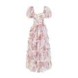 Plataz Summer British Tide Brand Dream Fairy Flower Net Collar Bubble Sleeves Wide Swing Flowing Dress Dress