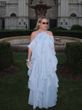 Plataz Style Elegant Dress 2025 Summer New Hanging Neck Sleeveless Back Design Lotus Leaf Side Dress Solid Color Woman
