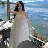 Plataz Beach Dress Seaside Tourism Vacation Chiffon Long Dress Folded Loose Sleeveless Slings Dress Dress Woman