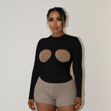 Plataz Stitched Hollow Breast Cup Long-Sleeved Top Woman Autumn 2025 New Simple Style Casual Body Repair T-Shirt DJPT