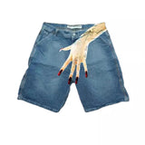 Plataz Hip-Hop Trend Pattern Print Denim Shorts Men's High Street Trendy Couple Casual Five-Point Pants DJPT