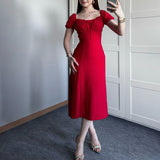 Plataz Women's Summer Collar Bubble Sleeve With High Waist Repair Fork Sexy Long Dress