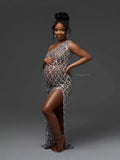 Plataz Summer Luxury Hot Diamond Pregnant Women Photo Dress Oblique Shoulder Slit Drill Pregnant Woman Photography Dress Maternity