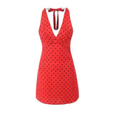 Plataz Niche Hanging Neck Sling Dress Sexy V Collar Bare Red Wave Point Hottie Holiday A Short Skirt