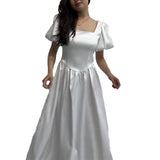 Plataz Women's Summer French Style Collar Bubble Sleeve High-Rise Body-Daughter Collared Collar