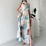 Plataz Women's Summer Hanging Neck High Waist Repair Sexy Graffiti Lace Open Dress