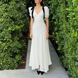 Plataz Gentle Temperament Ken Bean The Same Spring 2024 White Deep V Bow Tidial Sleeve Dress
