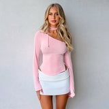 Plataz Women's INS Spring New Net Color Care Machine Slanted Shoulder Long Sleeves Hottie T-Shirt DJPT