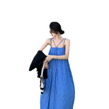 Plataz Desire Blue Folded Seaside Vacation Sling Dress Women Summer Sanya Tour Wearing Pictures Beach Long Skirts