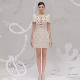 Plataz 2025 Summer Three-Dimensional Floral Pattern Splicing Lattice Dress Single Row Pearl Buckle Skirt