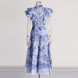 Plataz Bohemian Wind 2025 Spring New Neckline With Flying Sleeves To Close The Waist Print Medium Long Skirt Dress