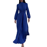 Plataz Women's Half-High Collar Lantern Sleeve Dress High-Waisted Knot Design Dress
