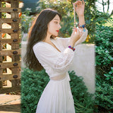 Plataz Tibet Tourism Wearing Skirt Heavy Industry Hollow Design White Dress Seaside Sanya Travel Beach Dress
