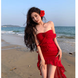 Plataz Sexy Pure Lust Wind Heavy Industry Lotus Side Drag Tail Irregular Braid Dress Holiday Red Chiffon Dress