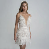 Plataz And Winter New Women's Sexy Bareback Party Dress To Close The Waist Deep V Feathers Sling Skirt