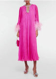 Plataz 2024 New Round-Neck Heavy Industry Nail Nails And Fur Folding Process Horn Sleeve Long Dress