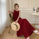 Plataz Red Seaside Holiday Sling Dress Women's Summer 2024 New Temperament Loose 100-Folded Long Dress Super Fairy