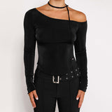 Plataz Women's INS Spring New Net Color Care Machine Slanted Shoulder Long Sleeves Hottie T-Shirt DJPT