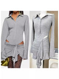 Plataz Babes Gray Long-Sleeved Polo Collar Short Dress Girl Niche Fall Sexy Irregular Hollow Dress