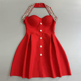 Plataz Diamond Button Hanging Neck Banded Dress Party Party Dress A Dress