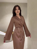 Plataz Women's Clothing 2025 Spring New Long Dress Temperament Long-Term Waist Chain Solid Color And Set Of Face Dress