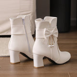 Plataz Size Women's Shoes Bows Coarse And Short Boots Women's Korean Version Of High Heel Boots High Quality Shoes