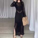 Plataz Women's Autumn Round-Collar Knitted Long Dress High-Waisted Waist-Coated Dress