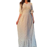 Plataz Women's Summer V-Neck Lantern Half-Sleeved High-Waisted Temperament Splicing Dress