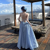 Plataz Dress Blue Pure Windy Beach Vacation Bare Back To The Waist Of The Big Skirt Hanging Long Skirt