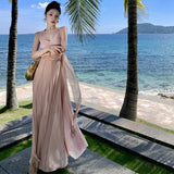 Plataz Fragmented Hanging Neck Dress Spring And Summer Holiday Wind Pure Lusty Folding V-Neck Net Yarn Long Dress Girl