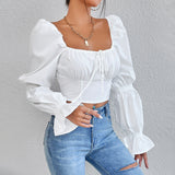 Plataz And Summer Women Pure White Long Sleeve Front Breast Strap With Bare Back Sexy Waist Shirt Crop Top DJPT