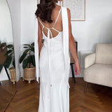 Plataz 2024 Women's Sexy Beach Wind Hanging Neck Deep V Bare Back Strap Long Textured White Dress
