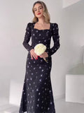 Plataz 2024 New Court Style Lady Waist Temperament Low-Necked Long-Sleeved Dress