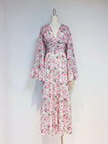 Plataz Beautiful Floral Dress Niche Design Super Fairy Pink V Collar Folds Waist Dress French 2024