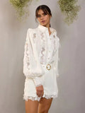 Plataz New Temperament Hollow Embroidered Lantern Sleeve Tops Shorts With Belt Belt Waist
