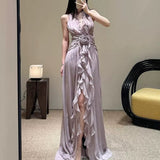 Plataz Sleeveless V-Necked Neck Dress With Wooden Ears Exposed Back Long Dress Beach Beach Seaside Holiday Dress