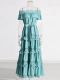 Plataz Court Style 2025 New Heavy Industry Lotus Leaf Side Shoulder Shoulder Lace Dress Solid Color Dress Woman
