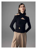 Plataz Club Babes Knitted Shirt 2025 Spring Metal Cross-Kin Knot Sexy Hollow Black Bottom Top Woman
