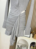 Plataz Babes Gray Long-Sleeved Polo Collar Short Dress Girl Niche Fall Sexy Irregular Hollow Dress